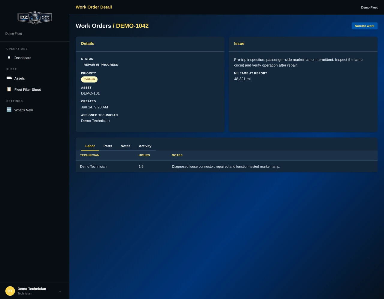 DZ Fleet Suite work-order web screen showing repair details and labor entries