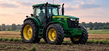 Green agricultural tractor in a cultivated field