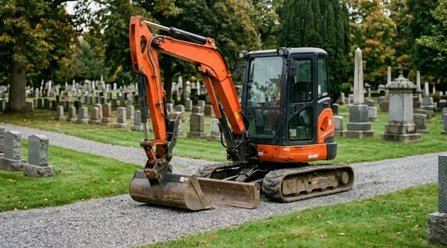 Compact excavator on a cemetery service path