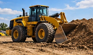 Yellow wheel loader at an earthmoving site