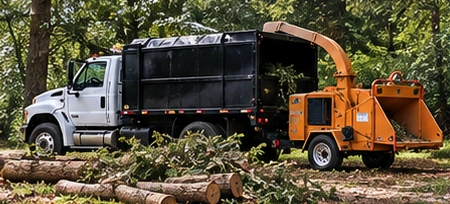 Tree care chip truck and orange wood chipper
