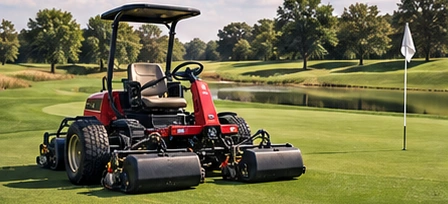 Red greens mower on a golf course