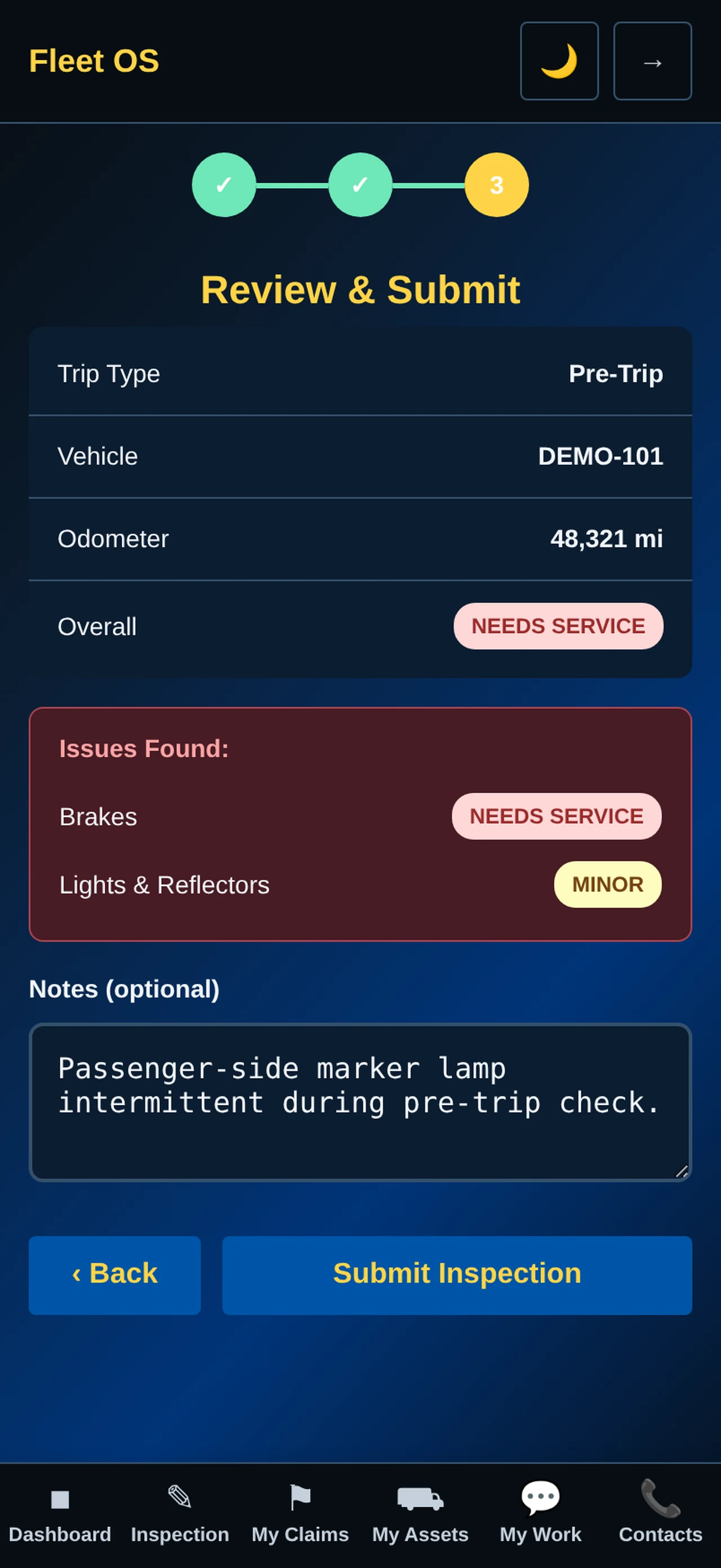 DZ Fleet Suite web interface: Inspection defect review, with fictional demo records