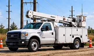 White utility bucket truck beside roadside power lines