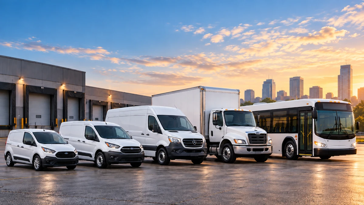 White vans, a box truck and a transit bus outside a depot at sunset